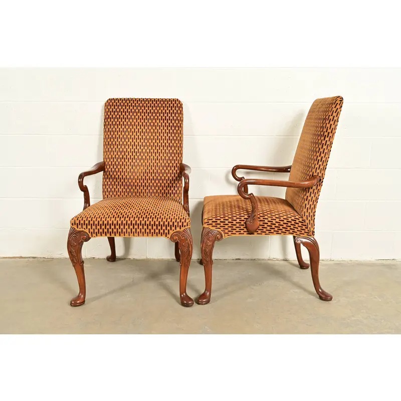 Baker Furniture Stately Homes Georgian Carved Mahogany Open Arm Library Chairs, Pair - Image 10