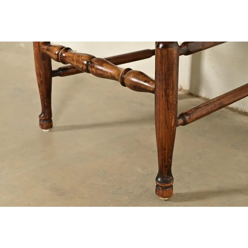 Baker Furniture Style English Country Rustic Carved Solid Oak Ladder Back Dining Chairs With Rush Seats, Pair - Image 10