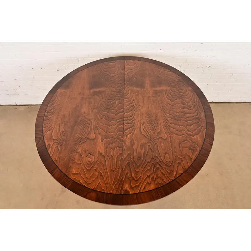 Baker Furniture Style Georgian Banded Mahogany and Burl Wood Pedestal Extension Dining Table, Newly Refinished - Image 10