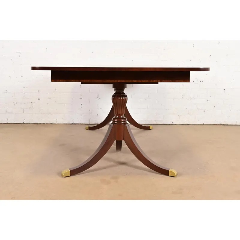 Baker Furniture Style Georgian Banded Mahogany Double Pedestal Extension Dining Table, Newly Refinished - Image 10