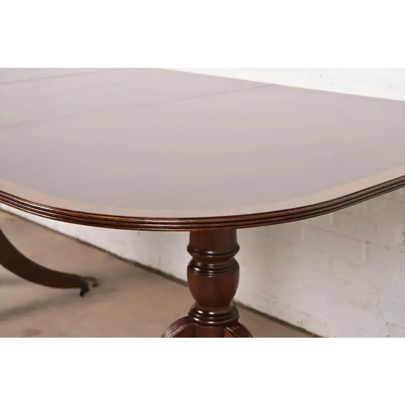 Baker Furniture Style Georgian Banded Mahogany Double Pedestal Extension Dining Table, Newly Refinished - Image 10