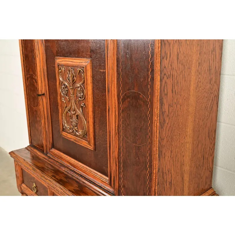 Early Romweber Antique English Jacobean Carved Oak and Burl Wood Bar Cabinet, Circa 1900 - Image 10