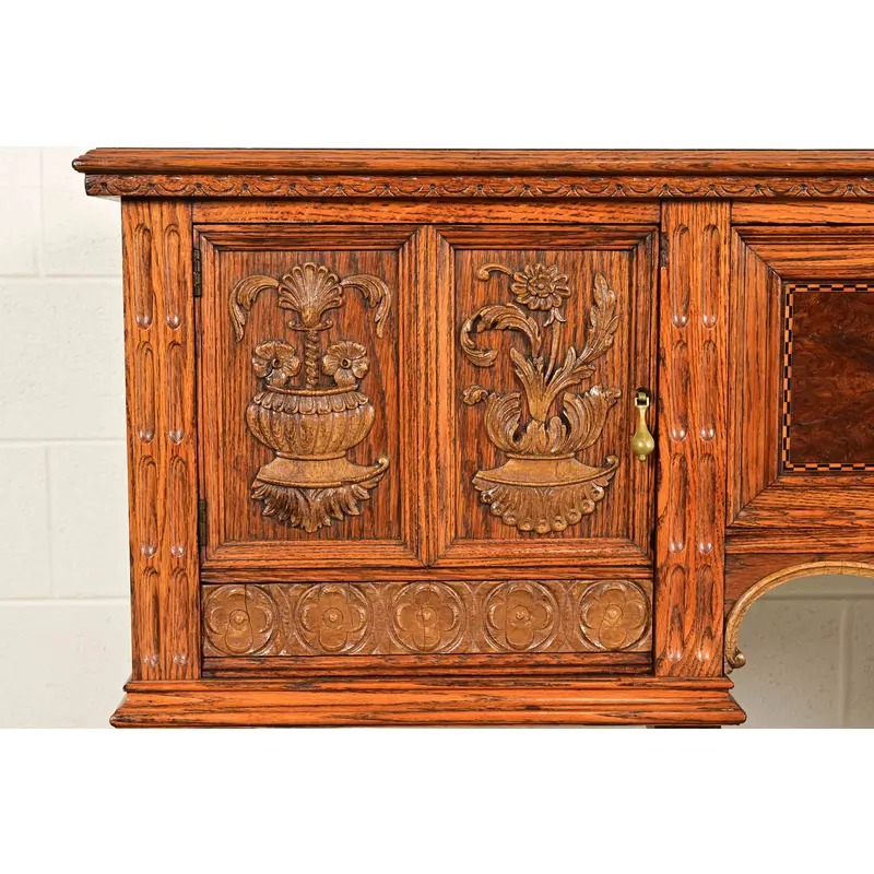 Early Romweber Antique English Jacobean Carved Oak and Burl Wood Sideboard, Circa 1900 - Image 10