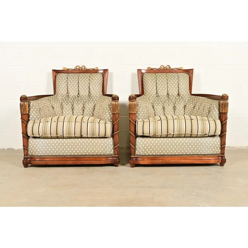 Grosfeld House French Regency Louis XVI Carved Walnut Bergere Armchairs, Pair
