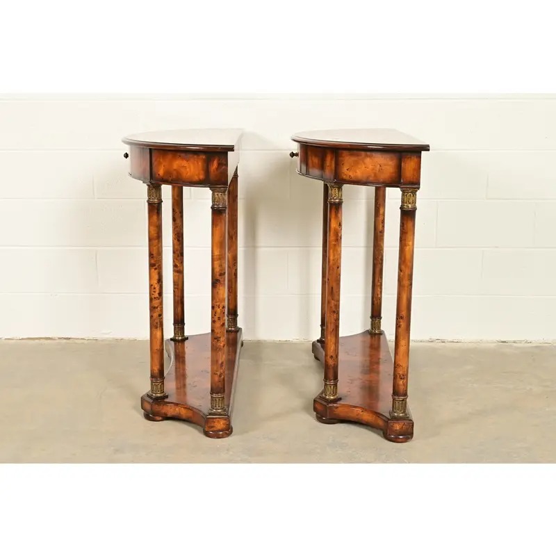 Maitland Smith Style French Empire Burl Wood and Gold Gilt Demilune Console Tables, Pair - Image 10