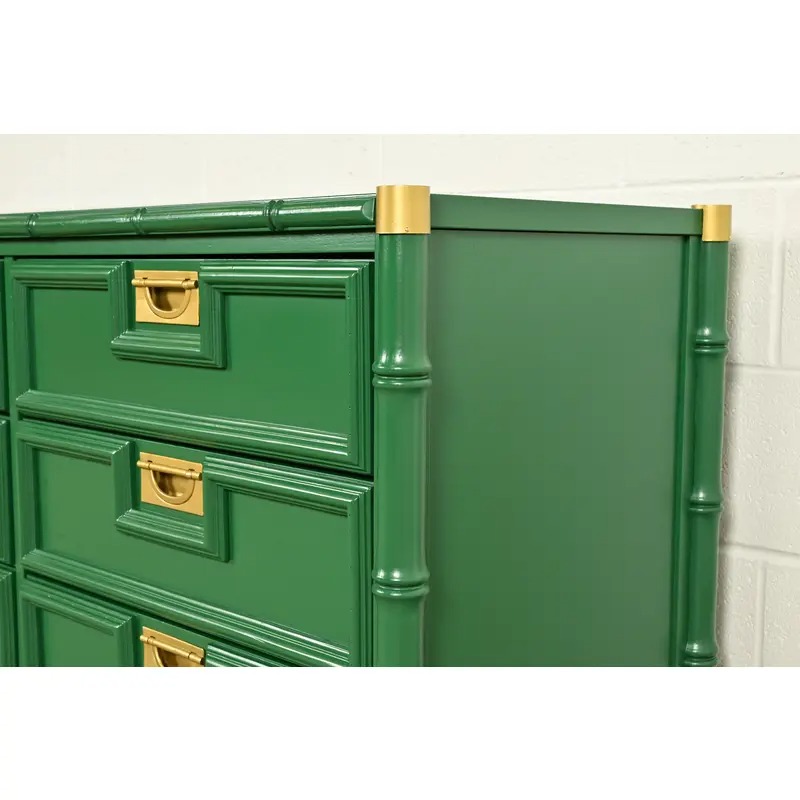 Mid-Century Hollywood Regency Campaign Green Lacquered Faux Bamboo Triple Dresser or Credenza by Stanley, Newly Refinished - Image 10