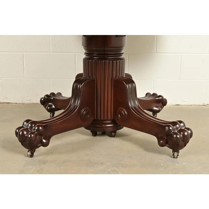 R. J. Horner Antique Victorian Carved Mahogany Split Pedestal Extension Dining Table With Lion Paw Feet, Newly Refinished - Image 10