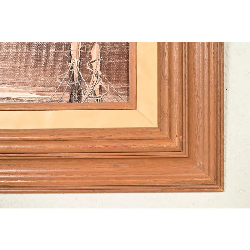 Rikard Lindström Original Signed Oil Painting on Canvas of Ships in Harbor in Carved Wood Frame - Image 10