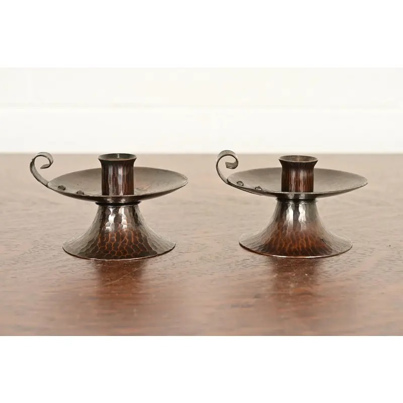 Roycroft Arts & Crafts Hammered Copper Handled Candlesticks, Pair