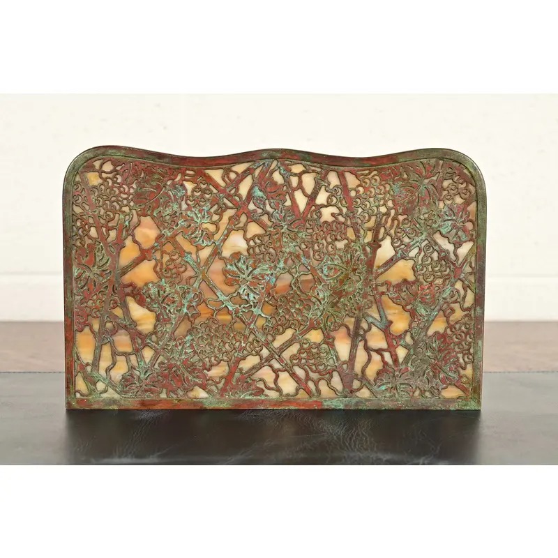 Tiffany Studios New York Grapevine Pattern Bronze and Favrile Slag Glass Letter Rack - Image 10
