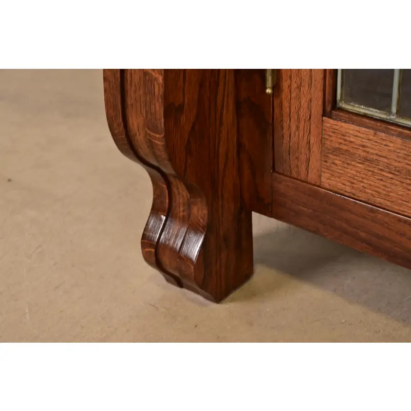 Antique Arts & Crafts Carved Oak Sideboard or Bar Cabinet With Stained Glass Doors, Newly Refinished - Image 11