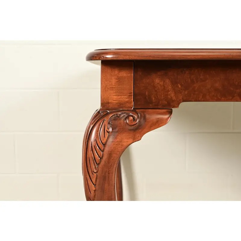 Baker Furniture Queen Anne Carved Cherry and Burl Wood Extension Dining Table, Newly Refinished - Image 10
