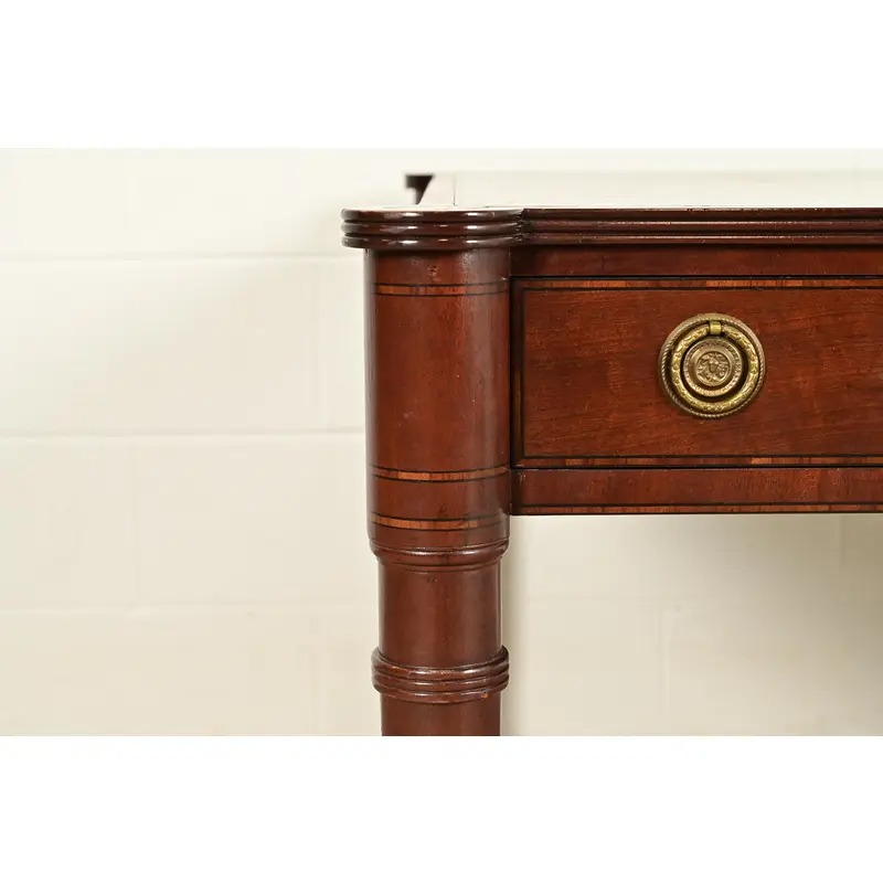 Baker Furniture Stately Homes Collection English Regency Carved Mahogany Leather Top Partner's Desk - Image 11