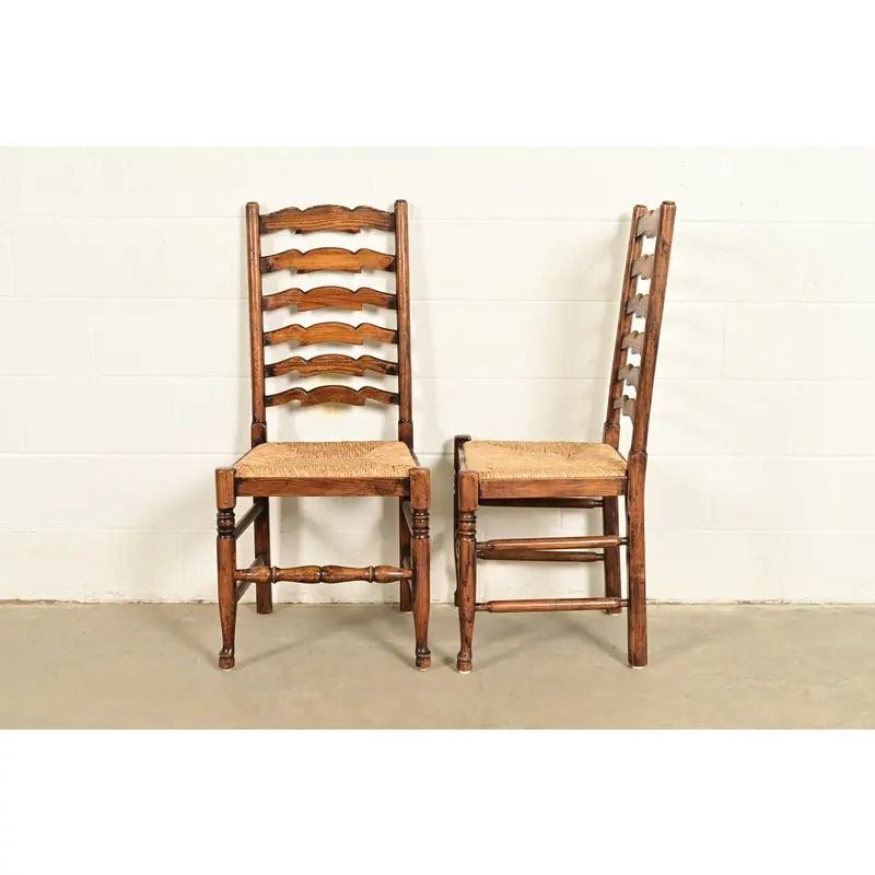 Baker Furniture Style English Country Rustic Carved Solid Oak Ladder Back Dining Chairs With Rush Seats, Pair - Image 11