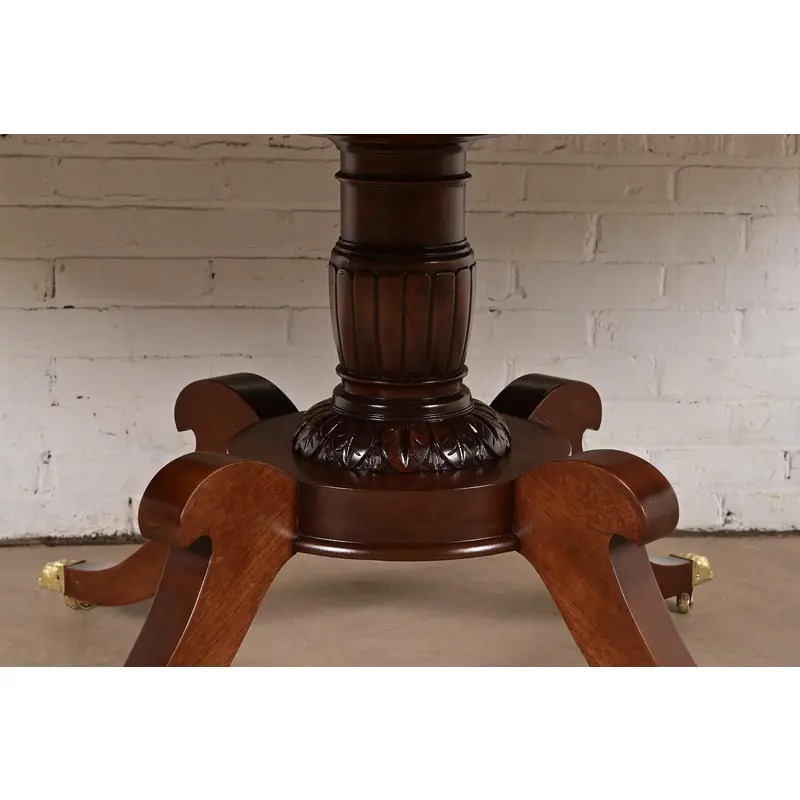 Baker Furniture Style Georgian Banded Mahogany and Burl Wood Pedestal Extension Dining Table, Newly Refinished - Image 11