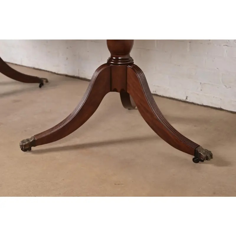 Baker Furniture Style Georgian Banded Mahogany Double Pedestal Extension Dining Table, Newly Refinished - Image 11