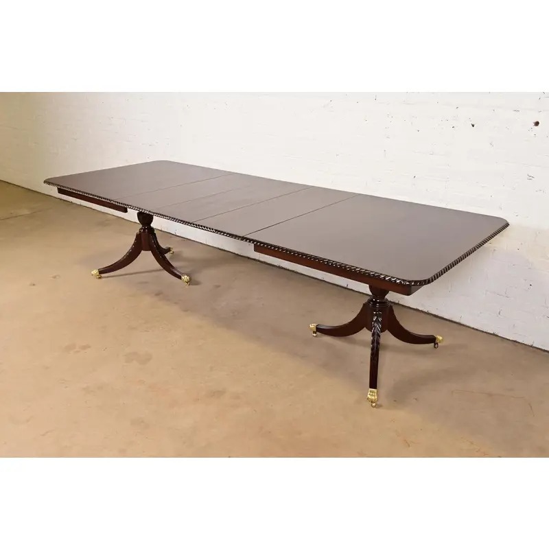 Baker Furniture Style Georgian Mahogany Double Pedestal Extension Dining Table, Newly Refinished - Image 11
