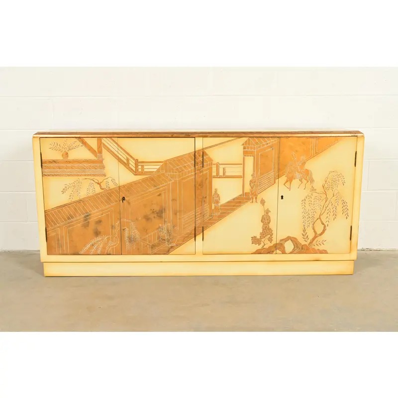 Baker Furniture Style Hollywood Regency Chinoiserie Hand-Painted Cream Lacquered Sideboard Credenza, Circa 1970s