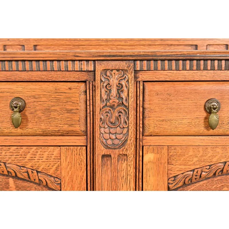Berkey & Gay Style Antique English Jacobean Carved Oak Sideboard Buffet or Bar Cabinet, Circa 1920s - Image 11