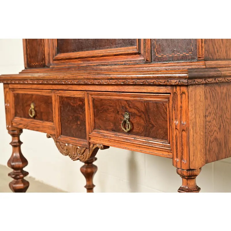 Early Romweber Antique English Jacobean Carved Oak and Burl Wood Bar Cabinet, Circa 1900 - Image 11