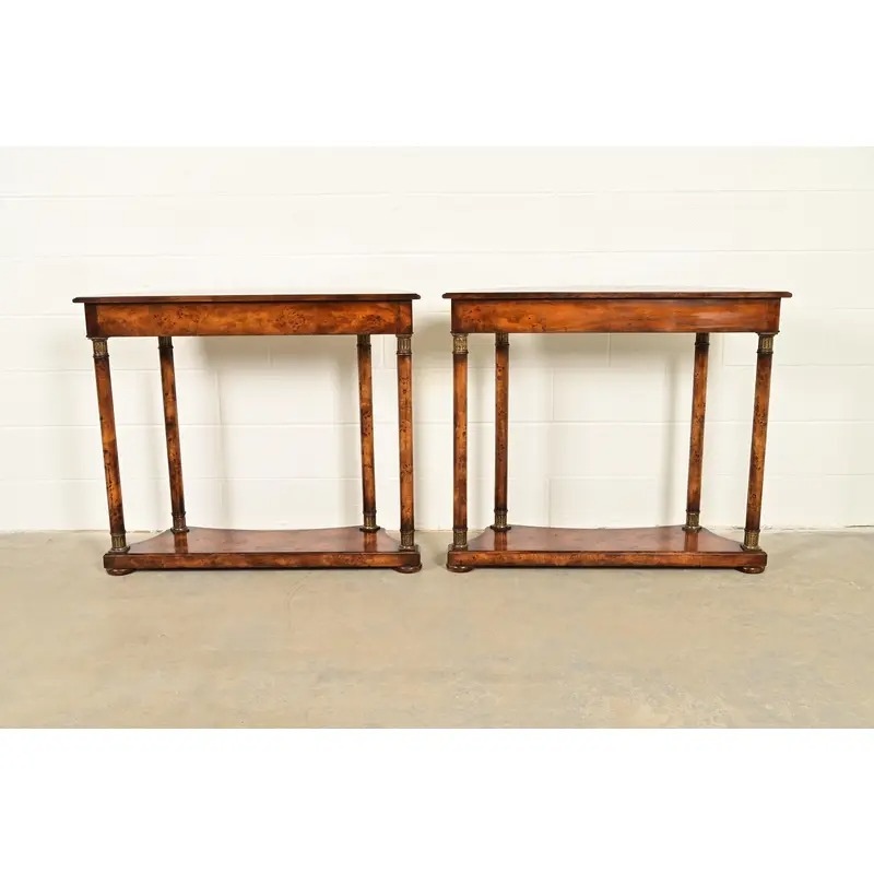 Maitland Smith Style French Empire Burl Wood and Gold Gilt Demilune Console Tables, Pair - Image 11