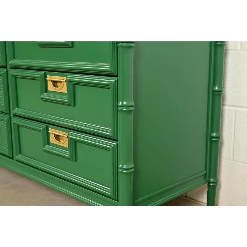 Mid-Century Hollywood Regency Campaign Green Lacquered Faux Bamboo Triple Dresser or Credenza by Stanley, Newly Refinished - Image 11