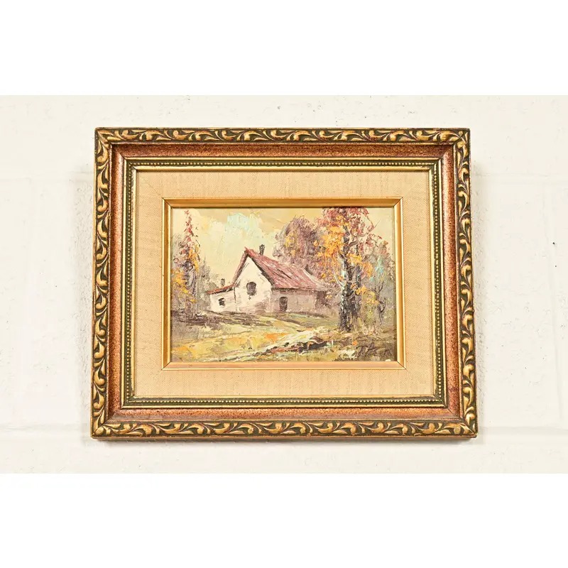 Original Artist Signed Impressionist Rural Landscape Oil on Canvas Painting of Cottage in Carved Giltwood Frame