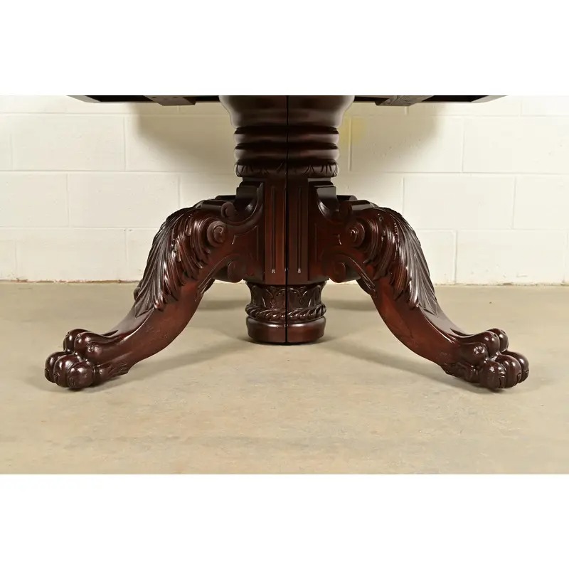 R. J. Horner Antique Victorian Carved Mahogany Split Pedestal Extension Dining Table With Lion Paw Feet, Newly Refinished - Image 11