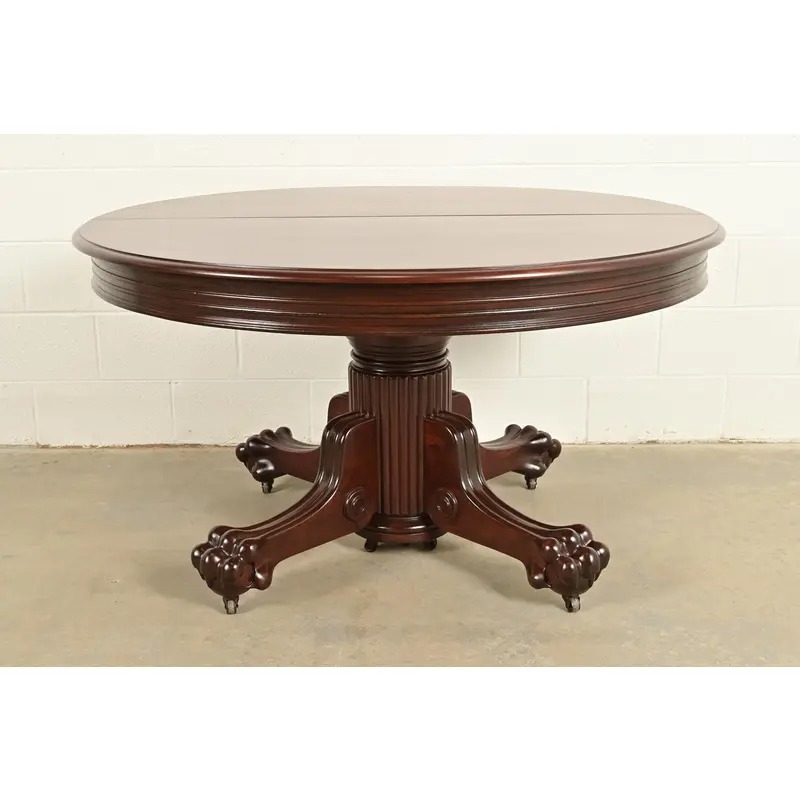 R. J. Horner Antique Victorian Carved Mahogany Split Pedestal Extension Dining Table With Lion Paw Feet, Newly Refinished - Image 11