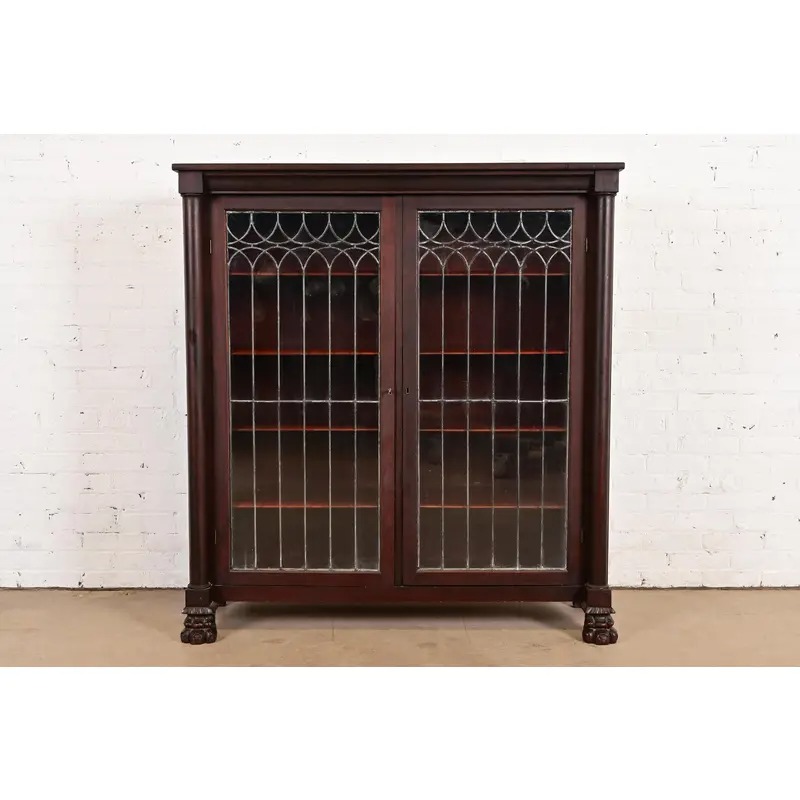 R. J. Horner Style Antique American Empire Carved Mahogany Leaded Glass Front Double Bookcase Cabinet, Circa 1890s