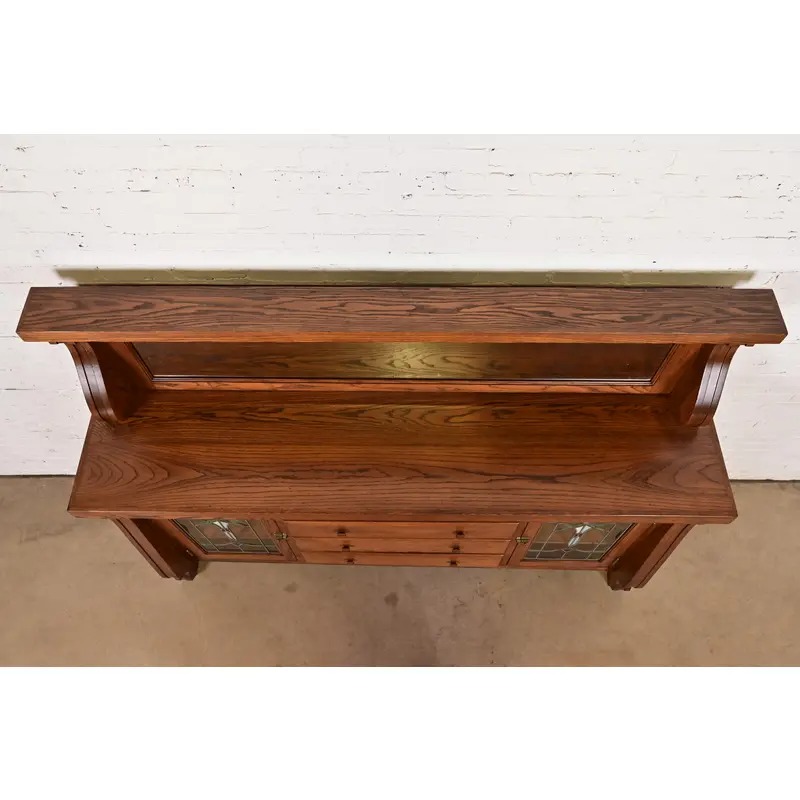 Antique Arts & Crafts Carved Oak Sideboard or Bar Cabinet With Stained Glass Doors, Newly Refinished - Image 12