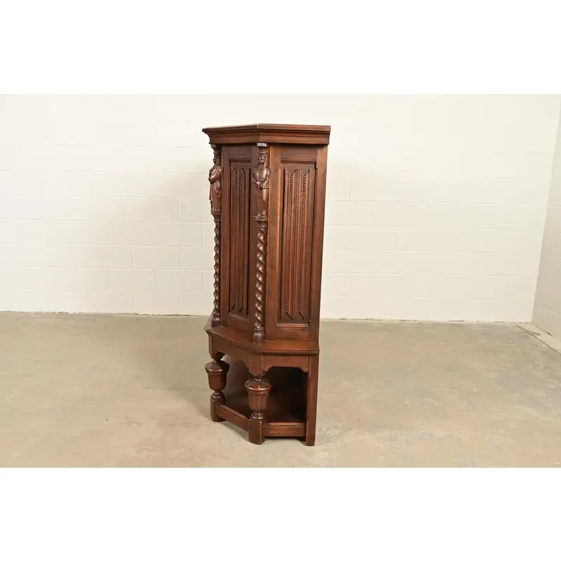 Antique French Gothic Revival Oak Bar Cabinet With Carved Figures, Circa 1890s - Image 12