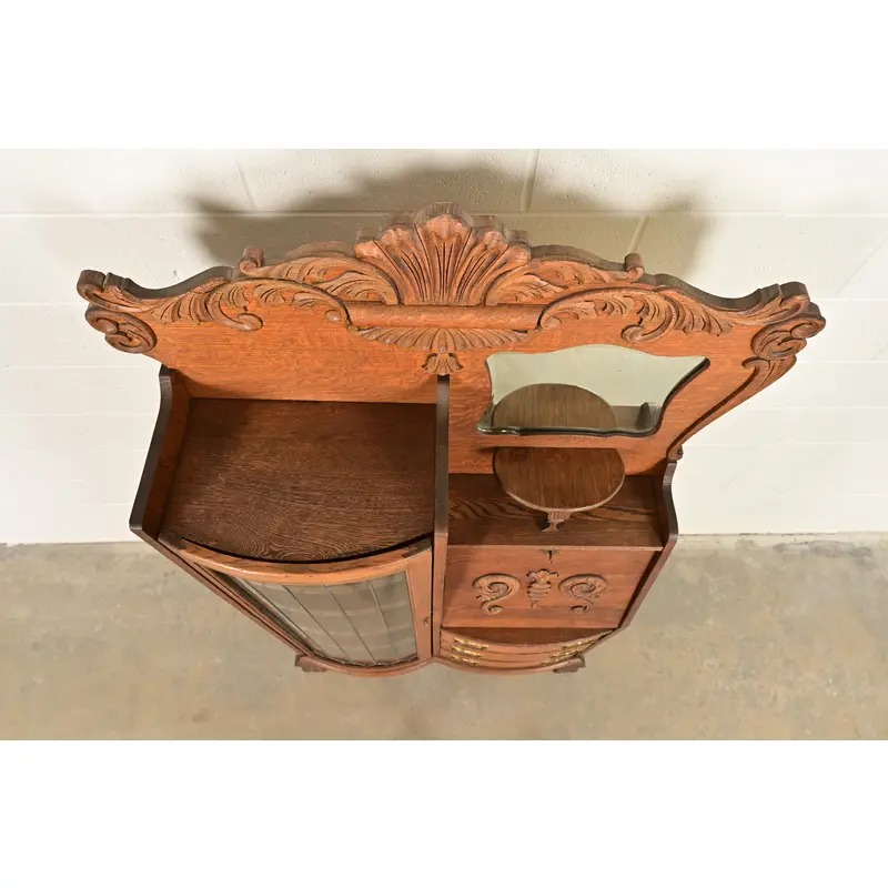 Antique Victorian Carved Tiger Oak Side-by-Side Bookcase With Drop Front Secretary Desk, Circa 1900 - Image 12