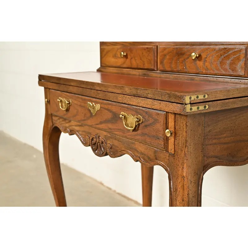 Baker Furniture French Provincial Louis XV Carved Oak Secretary Desk With Bookcase Hutch, Circa 1960s - Image 12