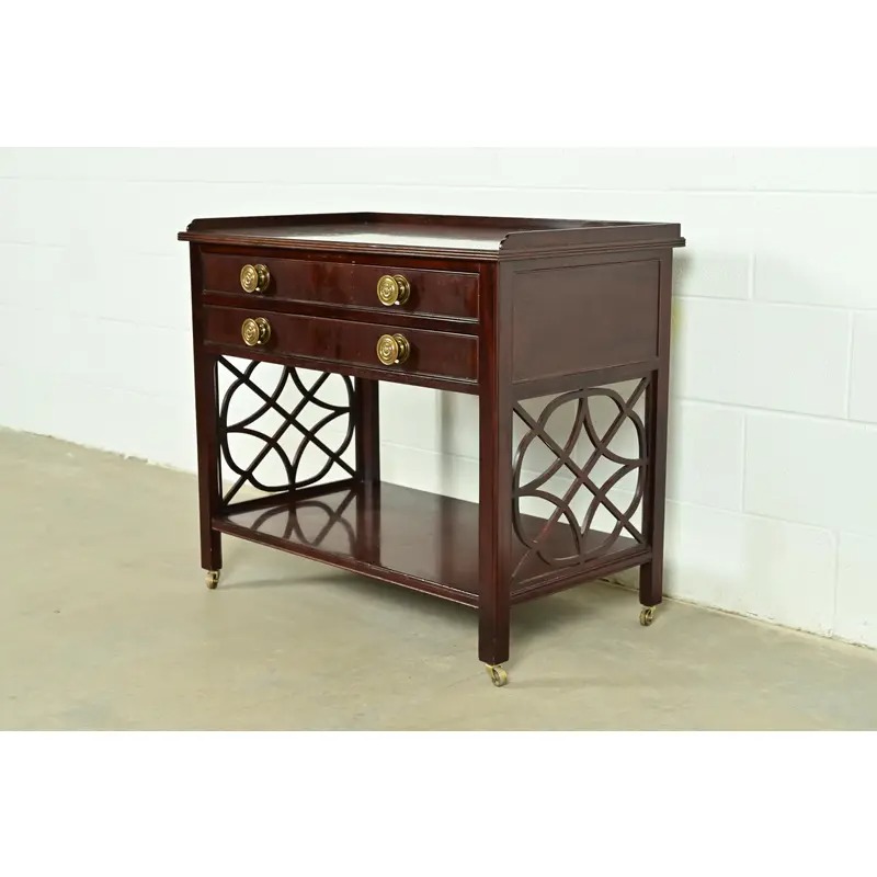 Baker Furniture Historic Charleston Chippendale Carved Mahogany Rolling Buffet Server or Bar Cart