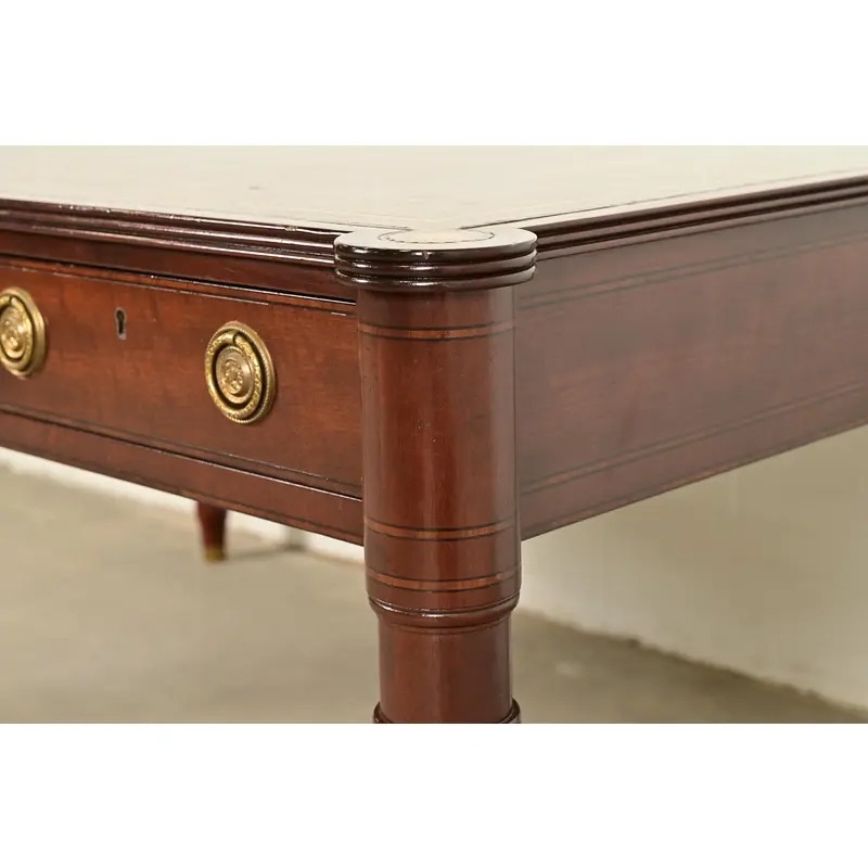 Baker Furniture Stately Homes Collection English Regency Carved Mahogany Leather Top Partner's Desk - Image 12