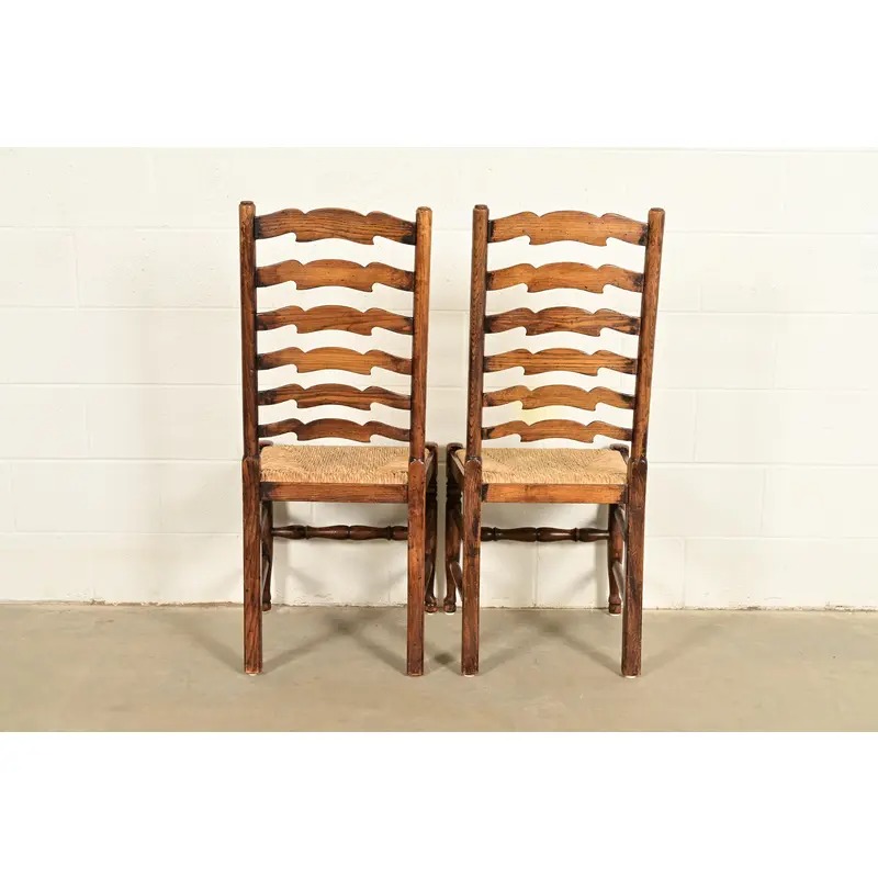 Baker Furniture Style English Country Rustic Carved Solid Oak Ladder Back Dining Chairs With Rush Seats, Pair - Image 12