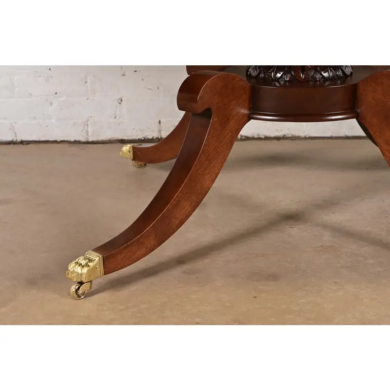 Baker Furniture Style Georgian Banded Mahogany and Burl Wood Pedestal Extension Dining Table, Newly Refinished - Image 12