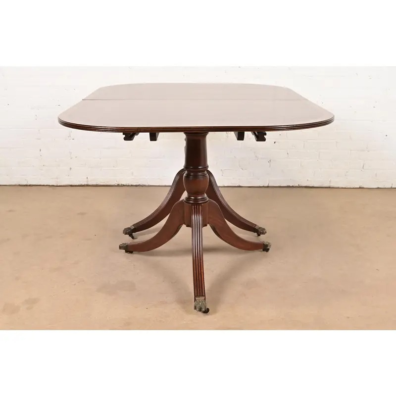 Baker Furniture Style Georgian Banded Mahogany Double Pedestal Extension Dining Table, Newly Refinished - Image 12