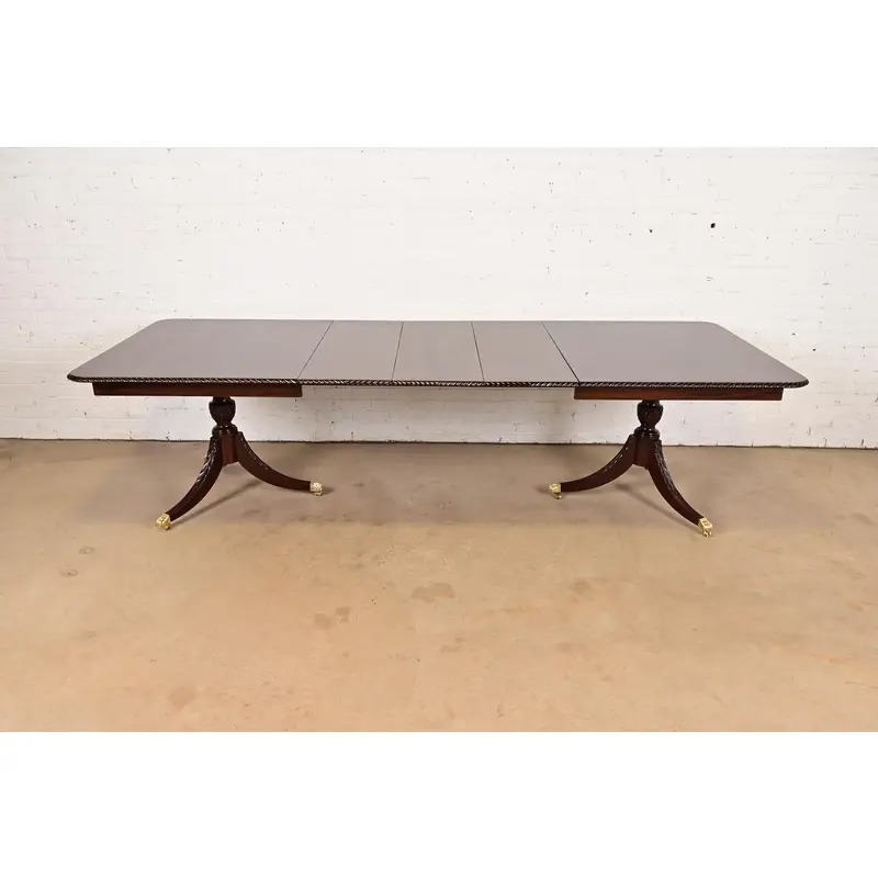 Baker Furniture Style Georgian Mahogany Double Pedestal Extension Dining Table, Newly Refinished - Image 12