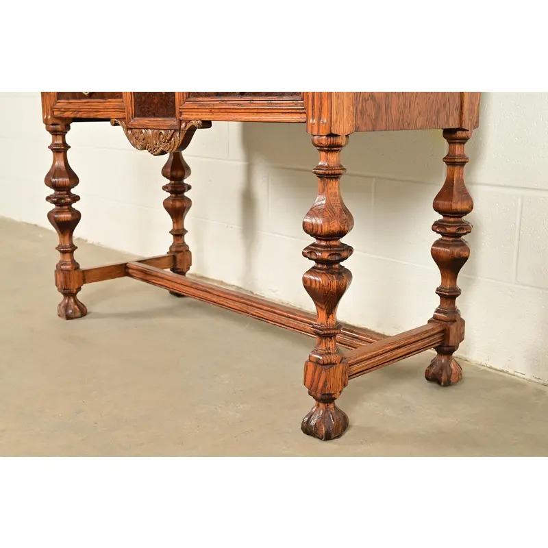 Early Romweber Antique English Jacobean Carved Oak and Burl Wood Bar Cabinet, Circa 1900 - Image 12