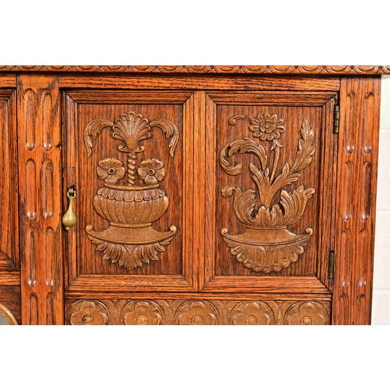 Early Romweber Antique English Jacobean Carved Oak and Burl Wood Sideboard, Circa 1900 - Image 12