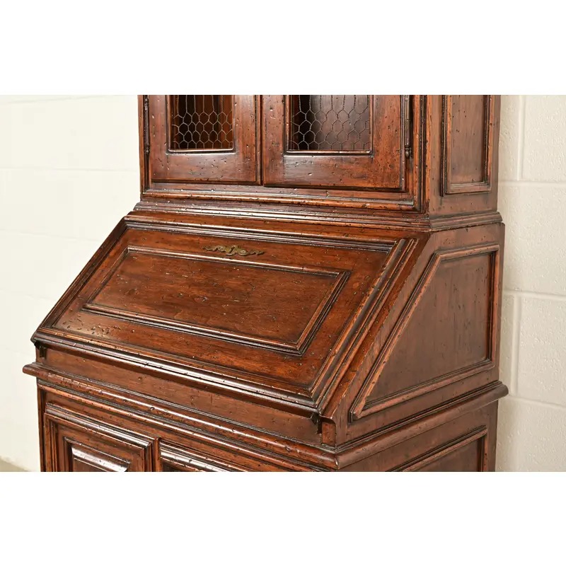 Guido Zichele Style Italian Provincial Carved Walnut Drop Front Secretary Desk With Lighted Bookcase Hutch, Circa 1970s - Image 12