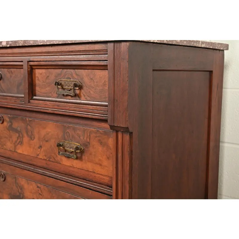 Herter Brothers Style Antique Eastlake Victorian Carved Burled Walnut Marble Top Dresser With Mirror, Circa 1880s - Image 12