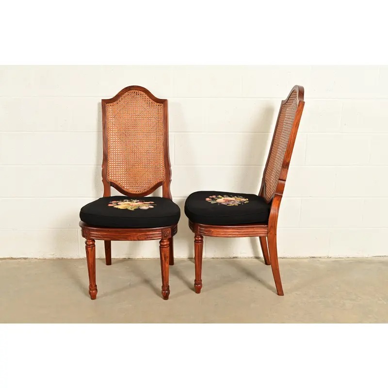 Karges Style French Regency Louis XVI Carved Solid Teak and Cane Back Side Chairs or Dining Chairs, Pair - Image 12