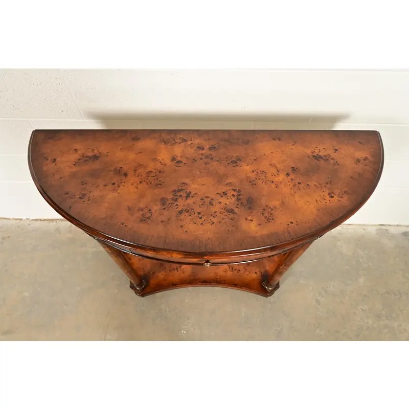 Maitland Smith Style French Empire Burl Wood and Gold Gilt Demilune Console Table - Image 12