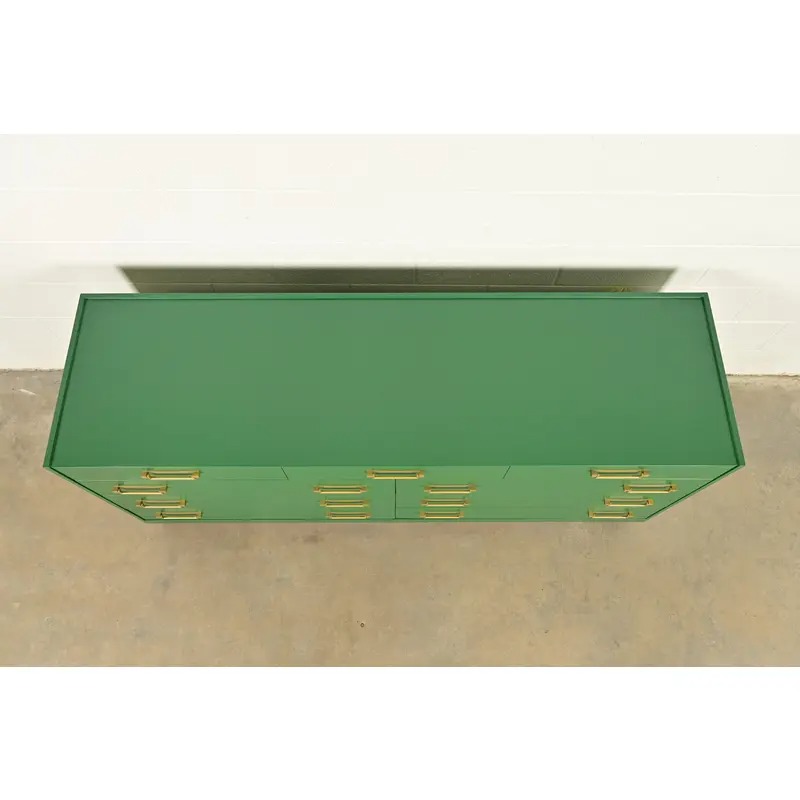 Michael Taylor for Baker Furniture Mid-Century Hollywood Regency Green Lacquered Campaign Dresser, Newly Refinished - Image 12