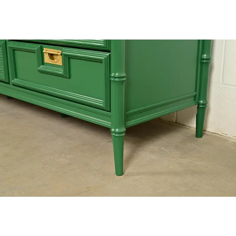 Mid-Century Hollywood Regency Campaign Green Lacquered Faux Bamboo Triple Dresser or Credenza by Stanley, Newly Refinished - Image 12