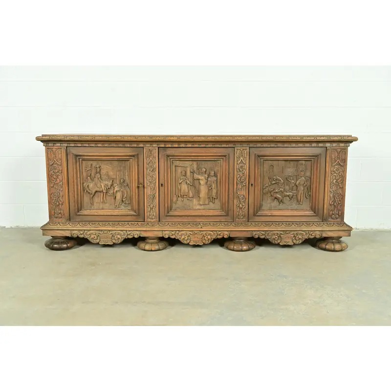 Antique Danish Renaissance Revival Carved Oak Sideboard or Bar Cabinet, Circa 1890s