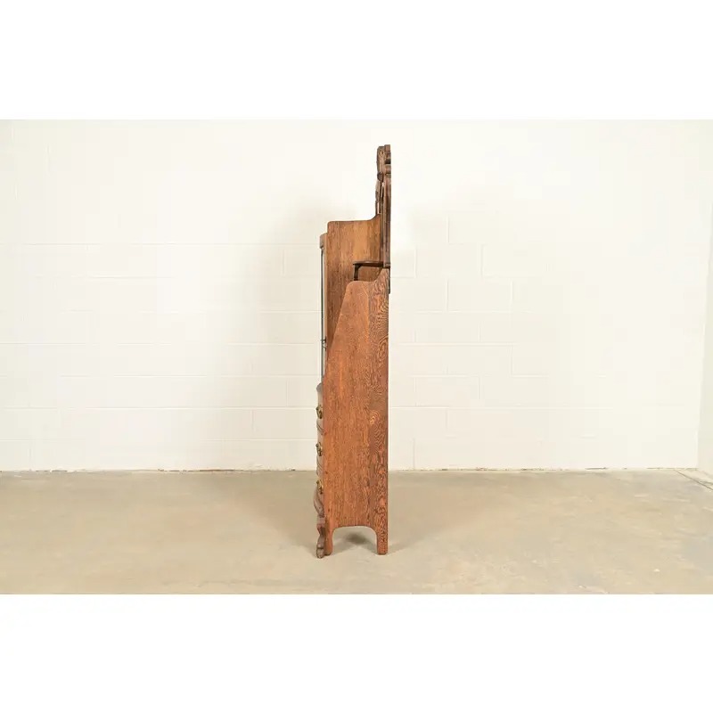 Antique Victorian Carved Tiger Oak Side-by-Side Bookcase With Drop Front Secretary Desk, Circa 1900 - Image 13